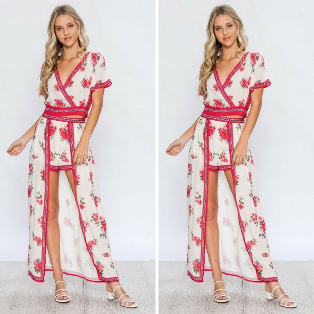 Floral rose maxi short skirt & top set